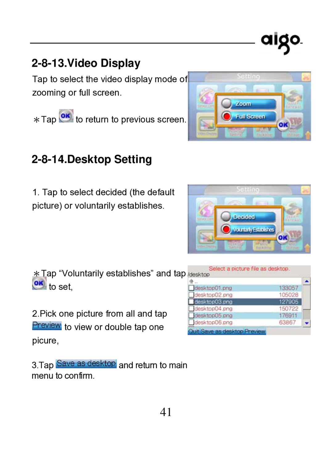 Aigo P882 manual Video Display, Desktop Setting 