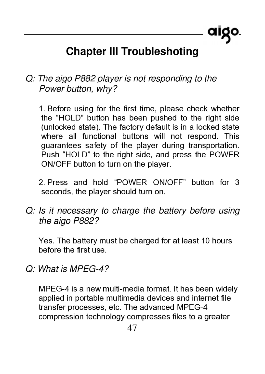 Aigo P882 manual Chapter III Troubleshoting 