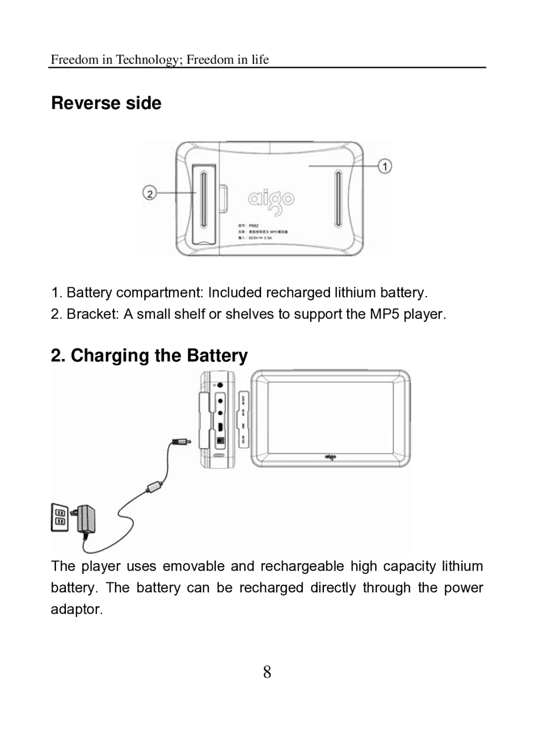 Aigo P882 manual Reverse side, Charging the Battery 