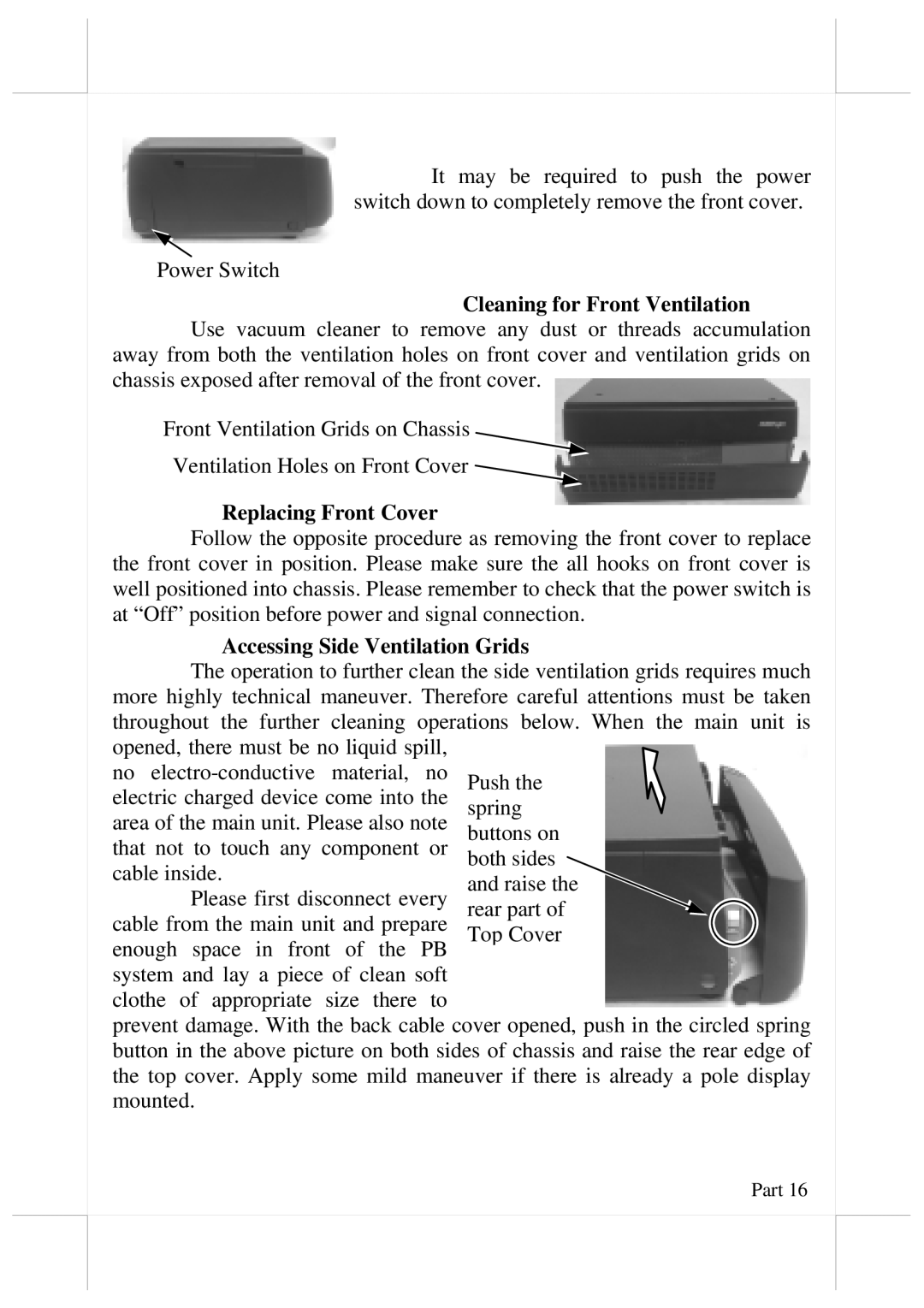 Aigo PB2200 user manual Cleaning for Front Ventilation, Replacing Front Cover, Accessing Side Ventilation Grids 