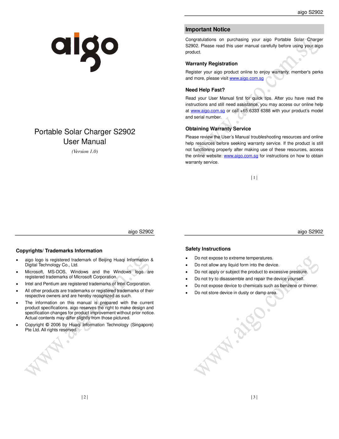 Aigo S2902 user manual Important Notice, Copyrights/ Trademarks Information, Safety Instructions 