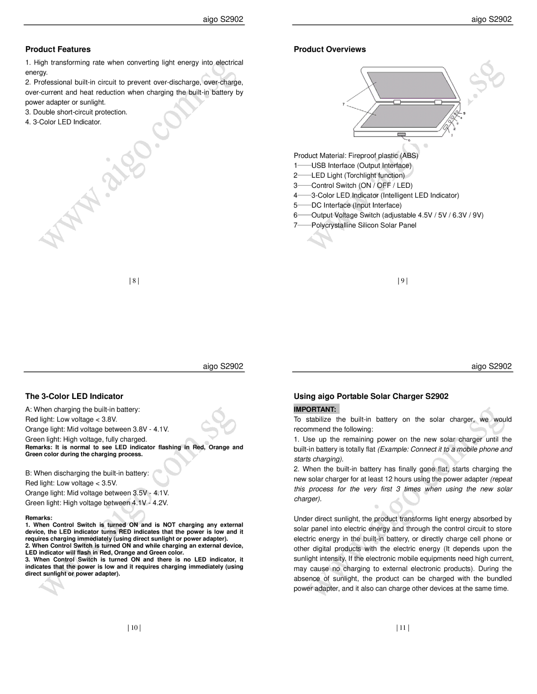 Aigo user manual Product Features, Product Overviews, Color LED Indicator, Using aigo Portable Solar Charger S2902 