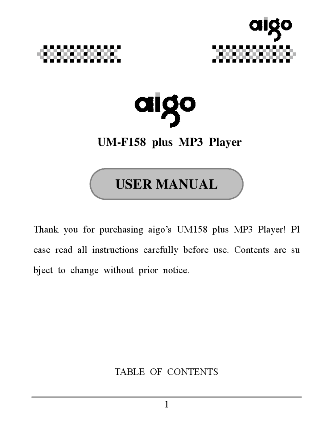 Aigo user manual UM-F158 plus MP3 Player 