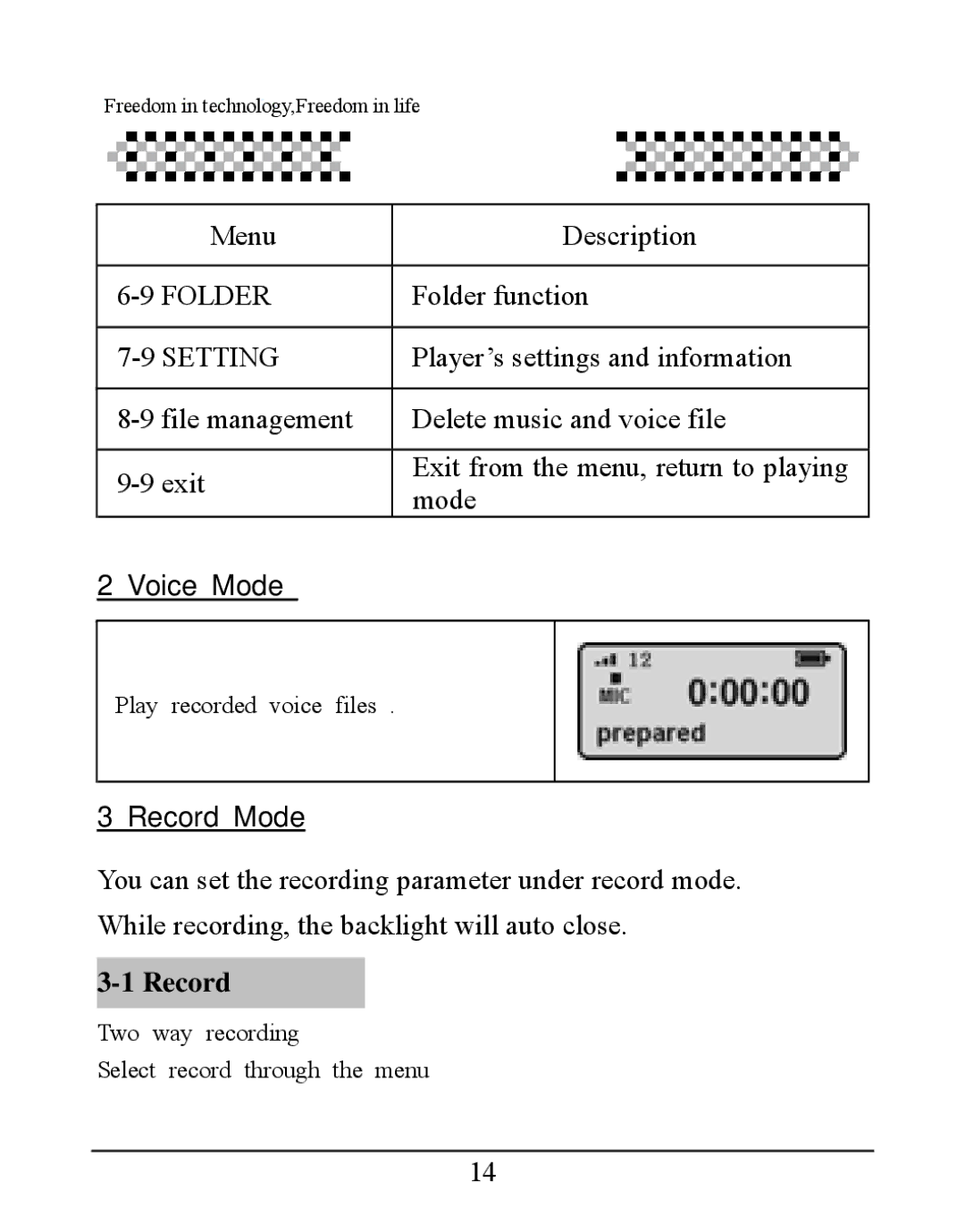 Aigo UM-F158 user manual Voice Mode, Record Mode 