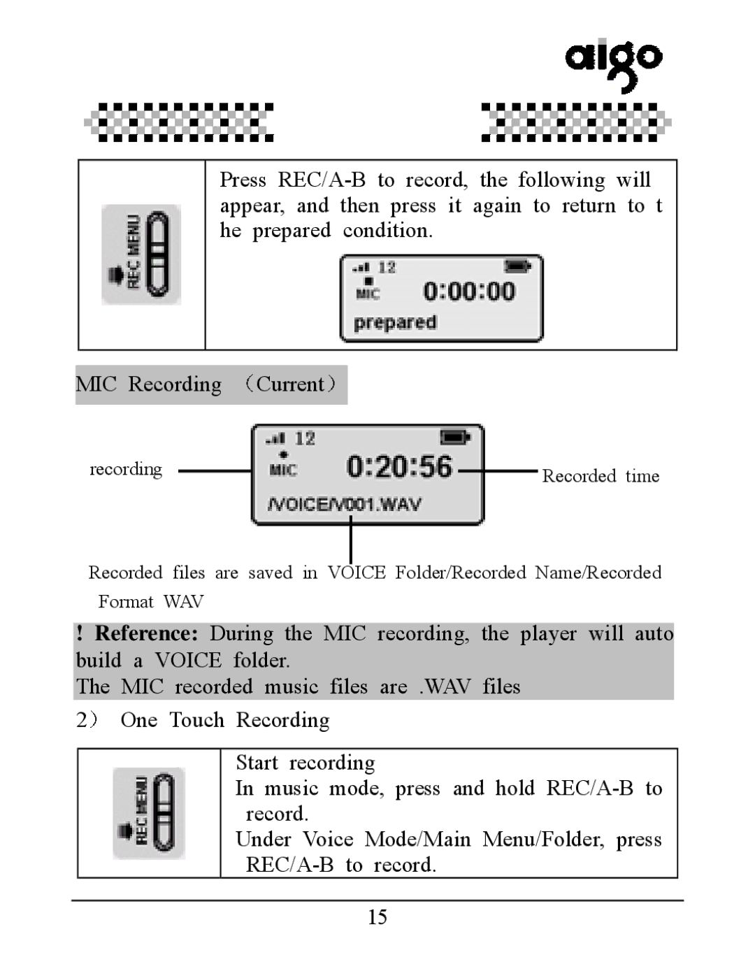 Aigo UM-F158 user manual Recording 