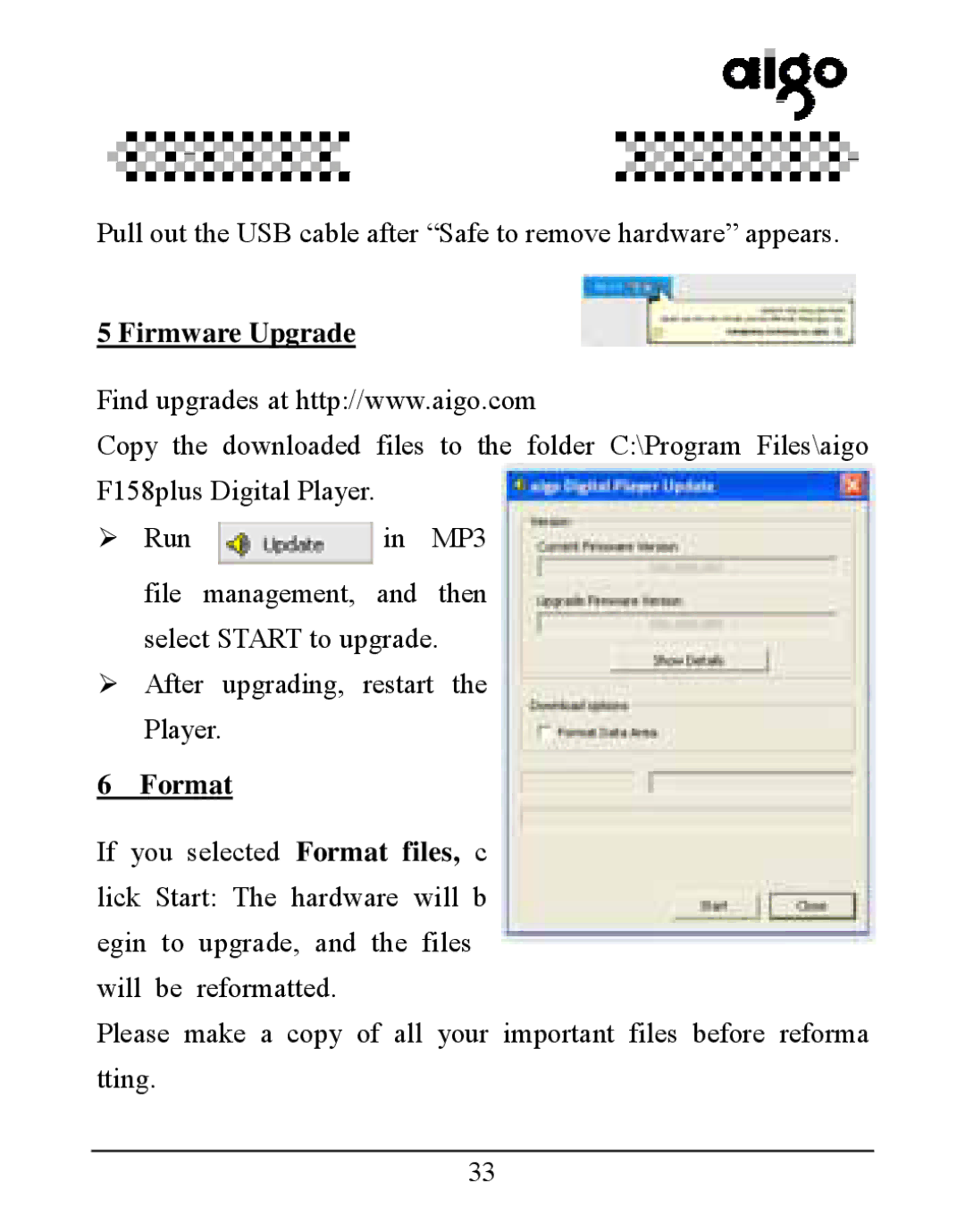 Aigo UM-F158 user manual Firmware Upgrade, Format 