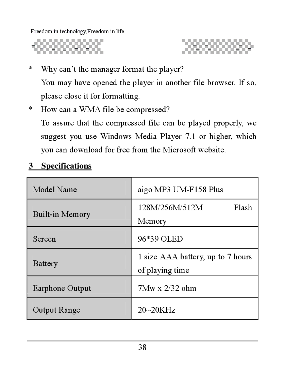 Aigo UM-F158 user manual Specifications 