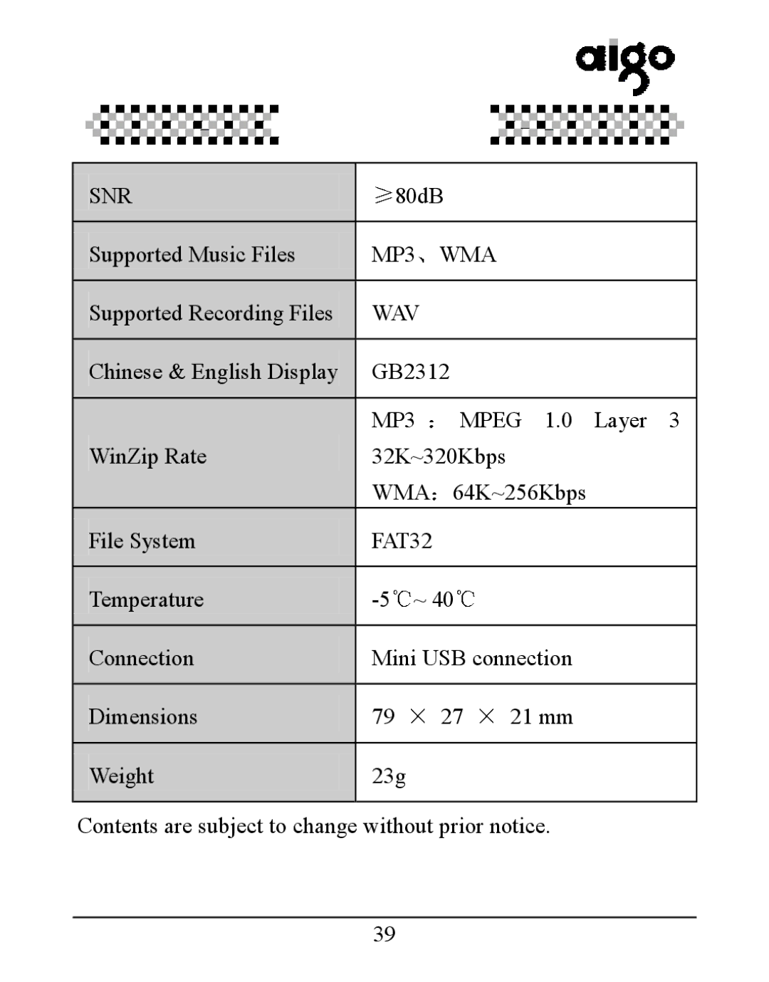 Aigo UM-F158 user manual Snr 