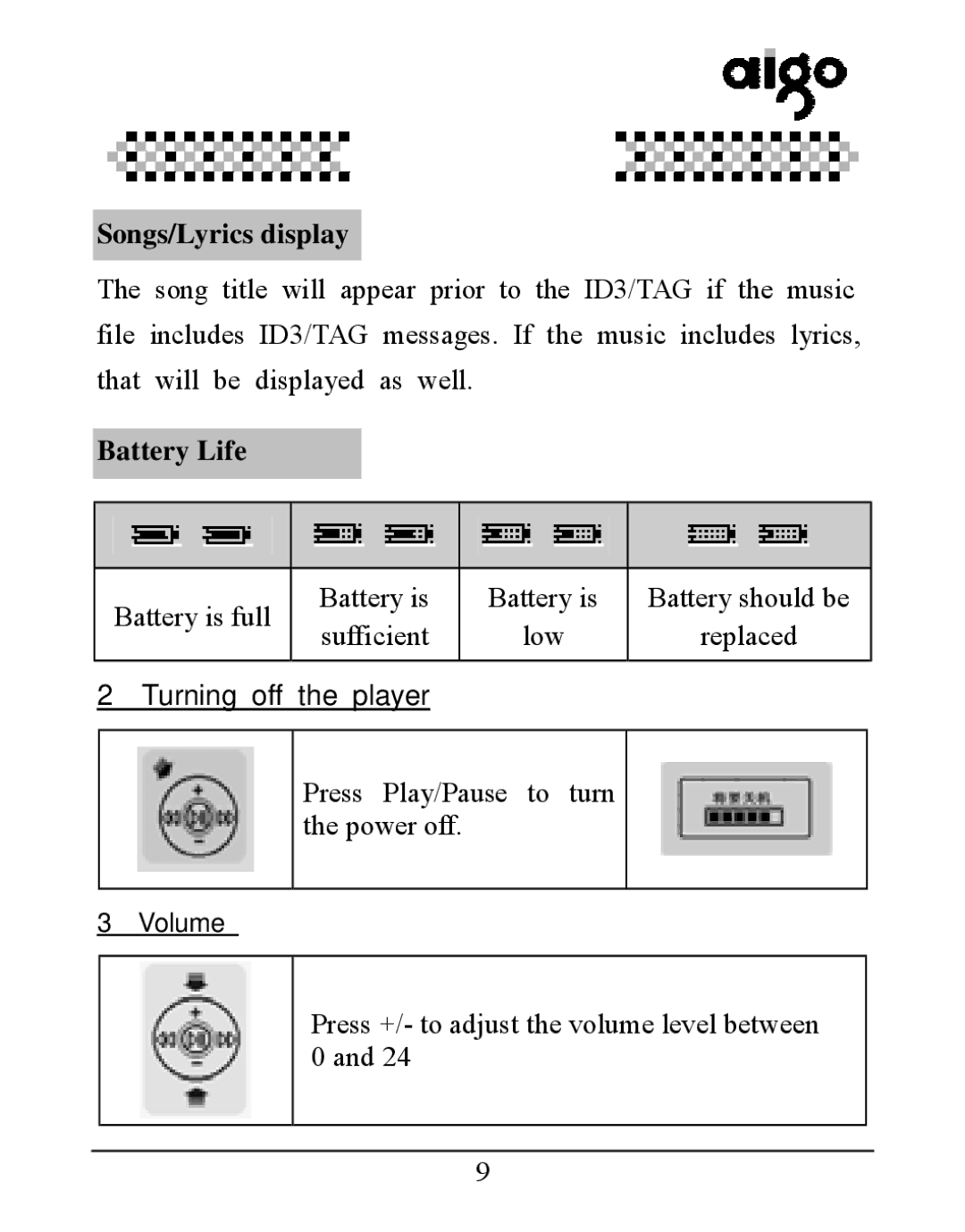 Aigo UM-F158 user manual Songs/Lyrics display, Battery Life, Turning off the player 