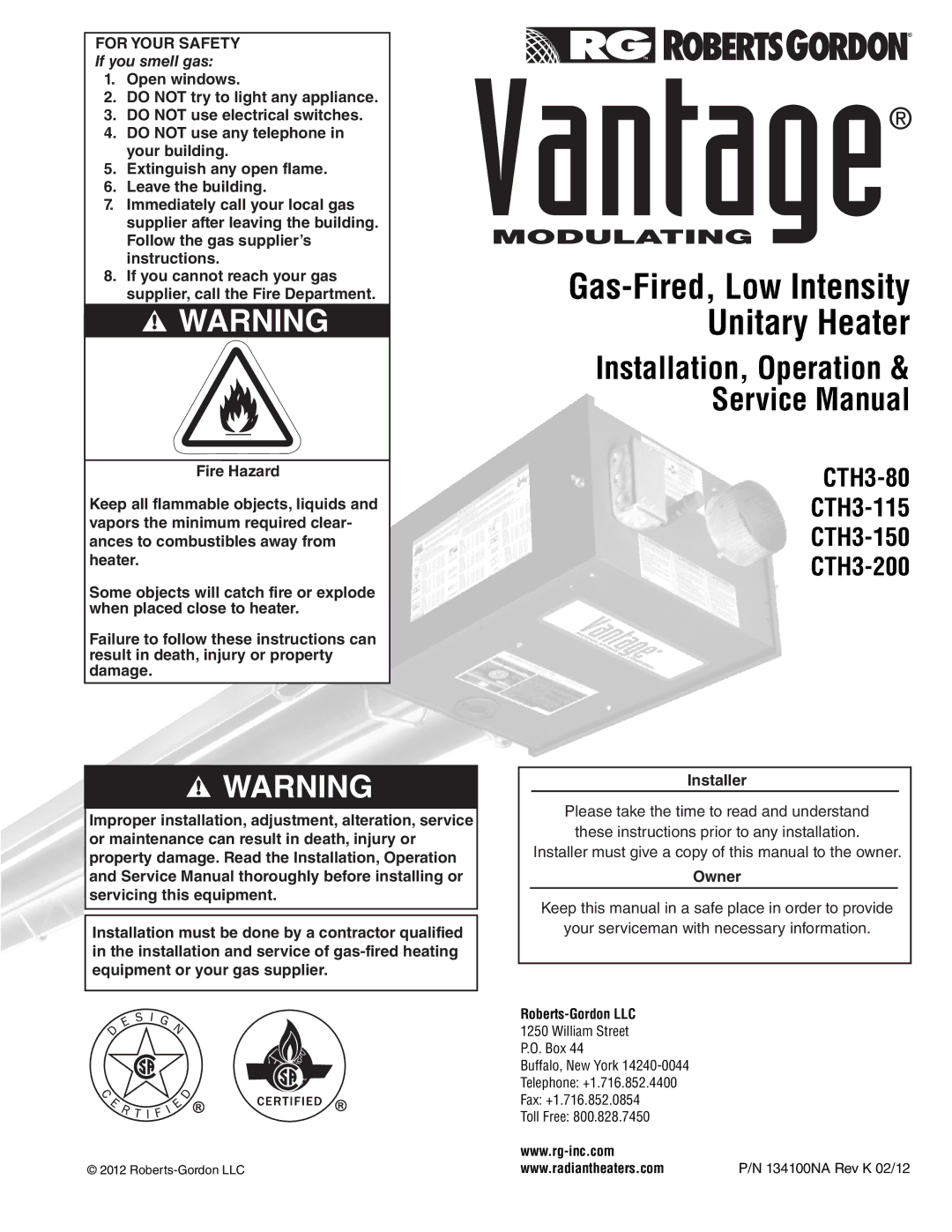 Aiko CTH3-80, CTH3-150, CTH3-200, CTH3-115 service manual Gas-Fired, Low Intensity Unitary Heater 