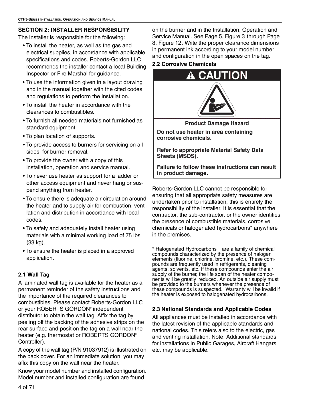 Aiko CTH3-200, CTH3-150 Installer Responsibility, Wall Tag, Corrosive Chemicals, National Standards and Applicable Codes 