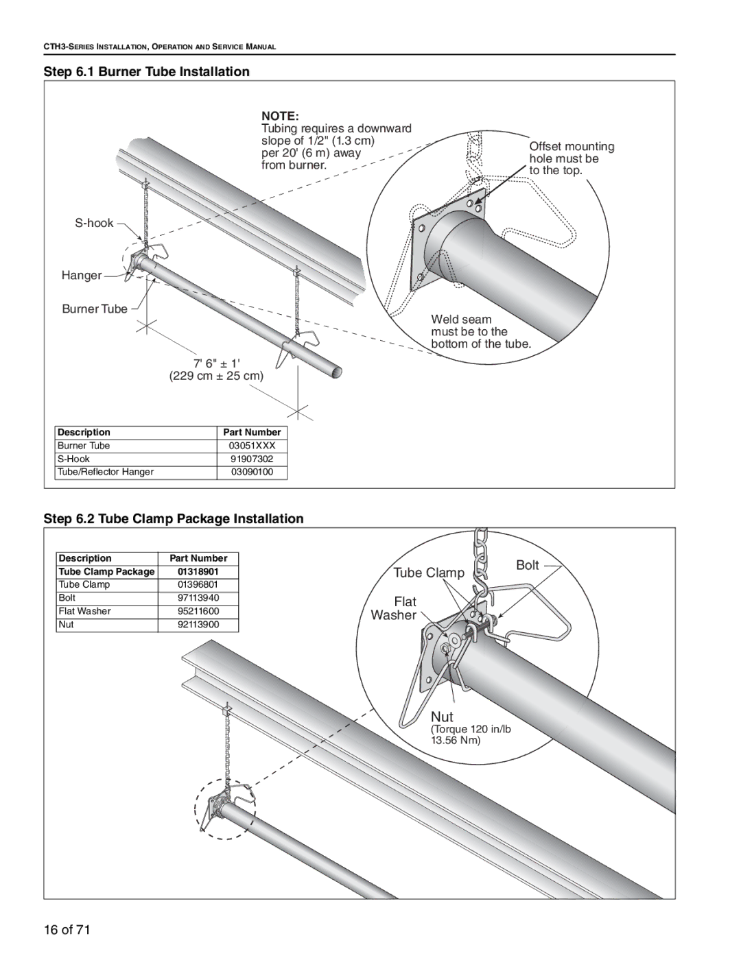 Aiko CTH3-200, CTH3-150, CTH3-80, CTH3-115 service manual Burner Tube Installation, Tube Clamp Package Installation 