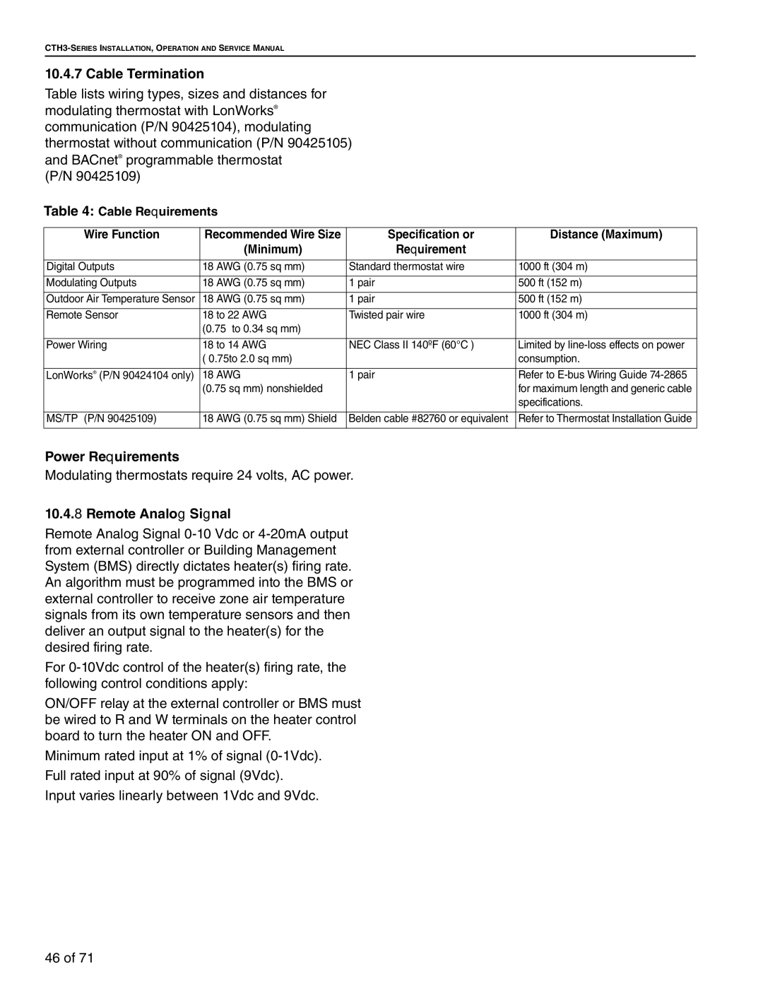 Aiko CTH3-150, CTH3-80, CTH3-200, CTH3-115 service manual Cable Termination, Power Requirements, Remote Analog Signal 