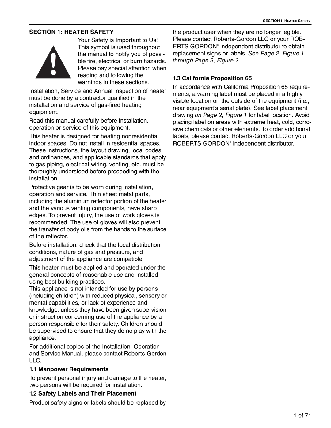 Aiko CTH3-115, CTH3-150 Heater Safety, Manpower Requirements, Safety Labels and Their Placement, California Proposition 