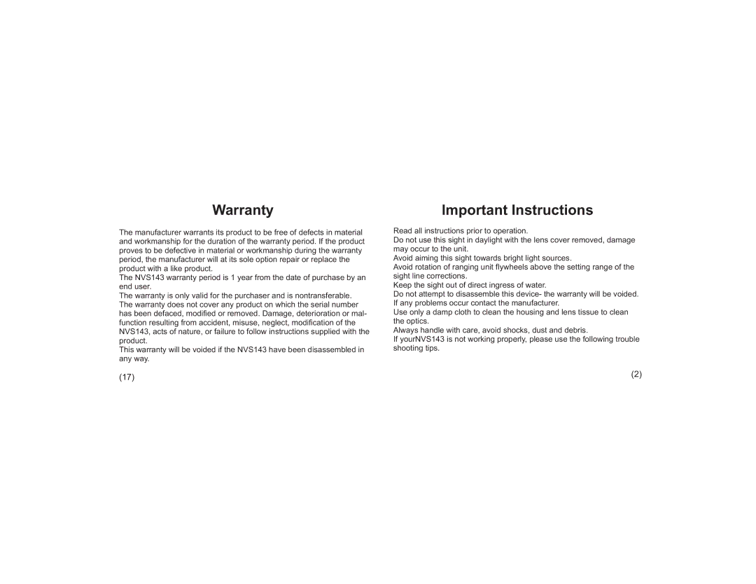 AimSHOT NVS143 manual Warranty, Important Instructions 