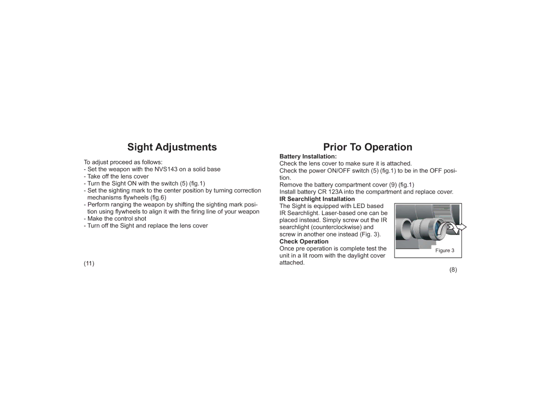 AimSHOT NVS143 Sight Adjustments, Prior To Operation, Battery Installation, IR Searchlight Installation, Check Operation 