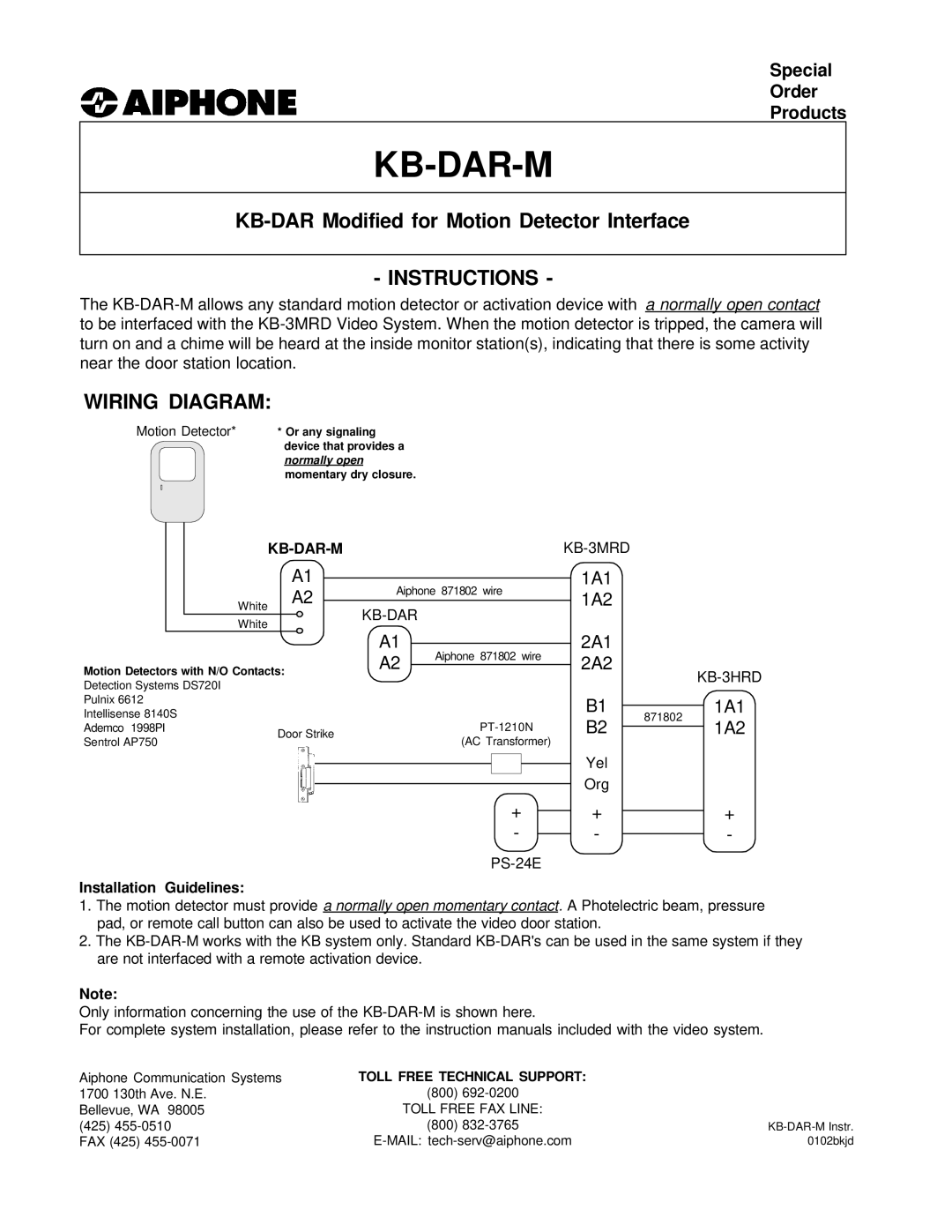 Aiphone 0102bkjd instruction manual Kb-Dar-M, Instructions, Wiring Diagram 