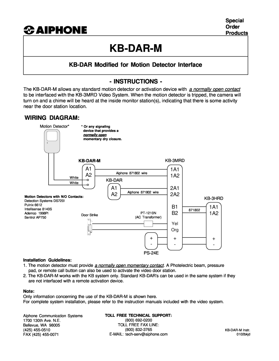 Aiphone 0102bkjd instruction manual Kb-Dar-M, KB-DARModified for Motion Detector Interface, Instructions, Wiring Diagram 