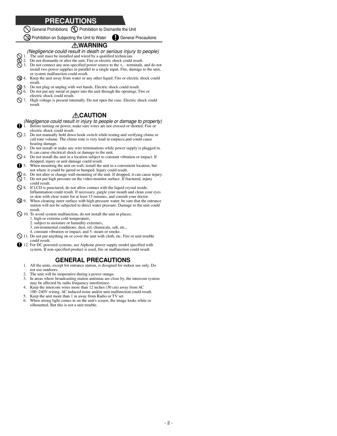 Aiphone 0207 AIC operation manual Precautions 