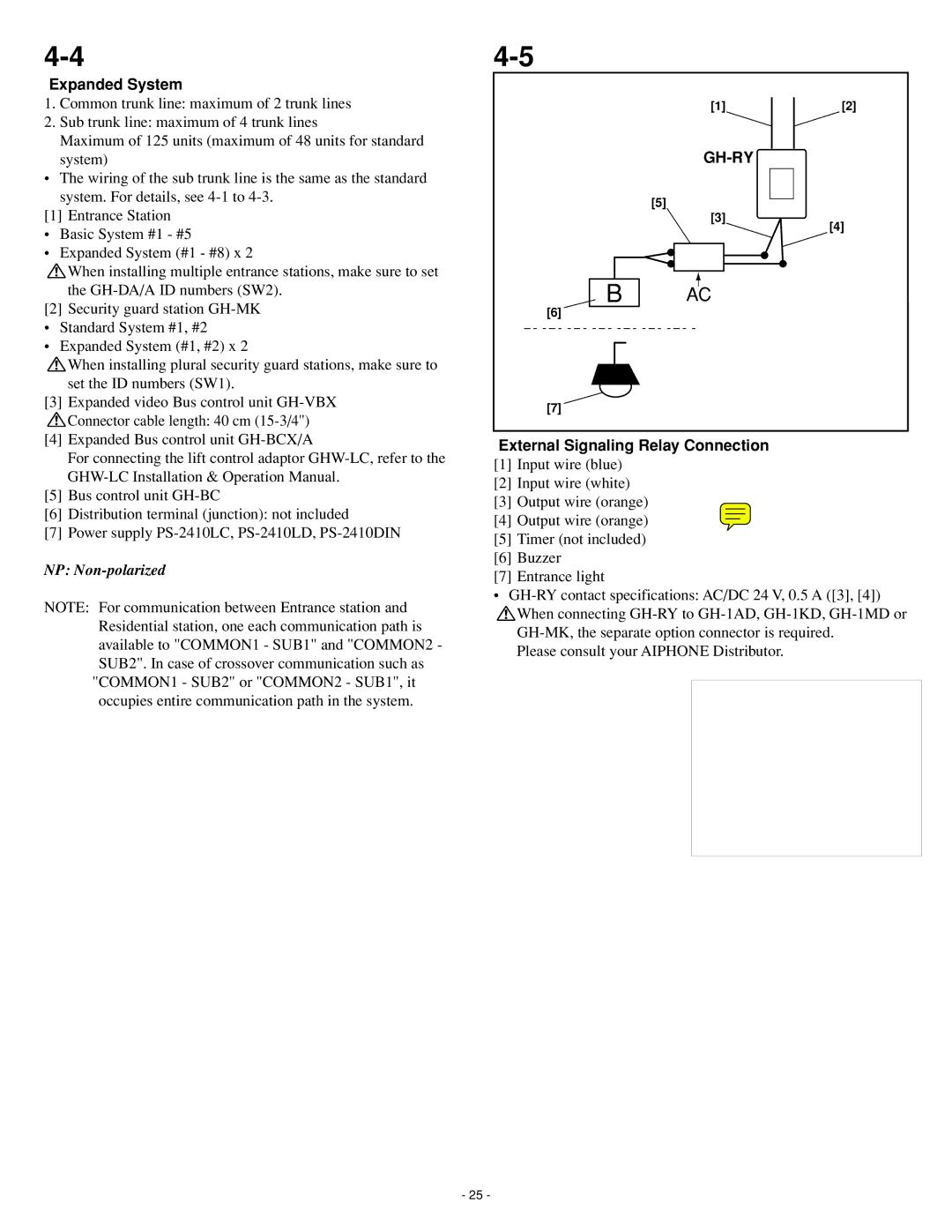 Aiphone 0207 AIC operation manual Expanded System, External Signaling Relay Connection 