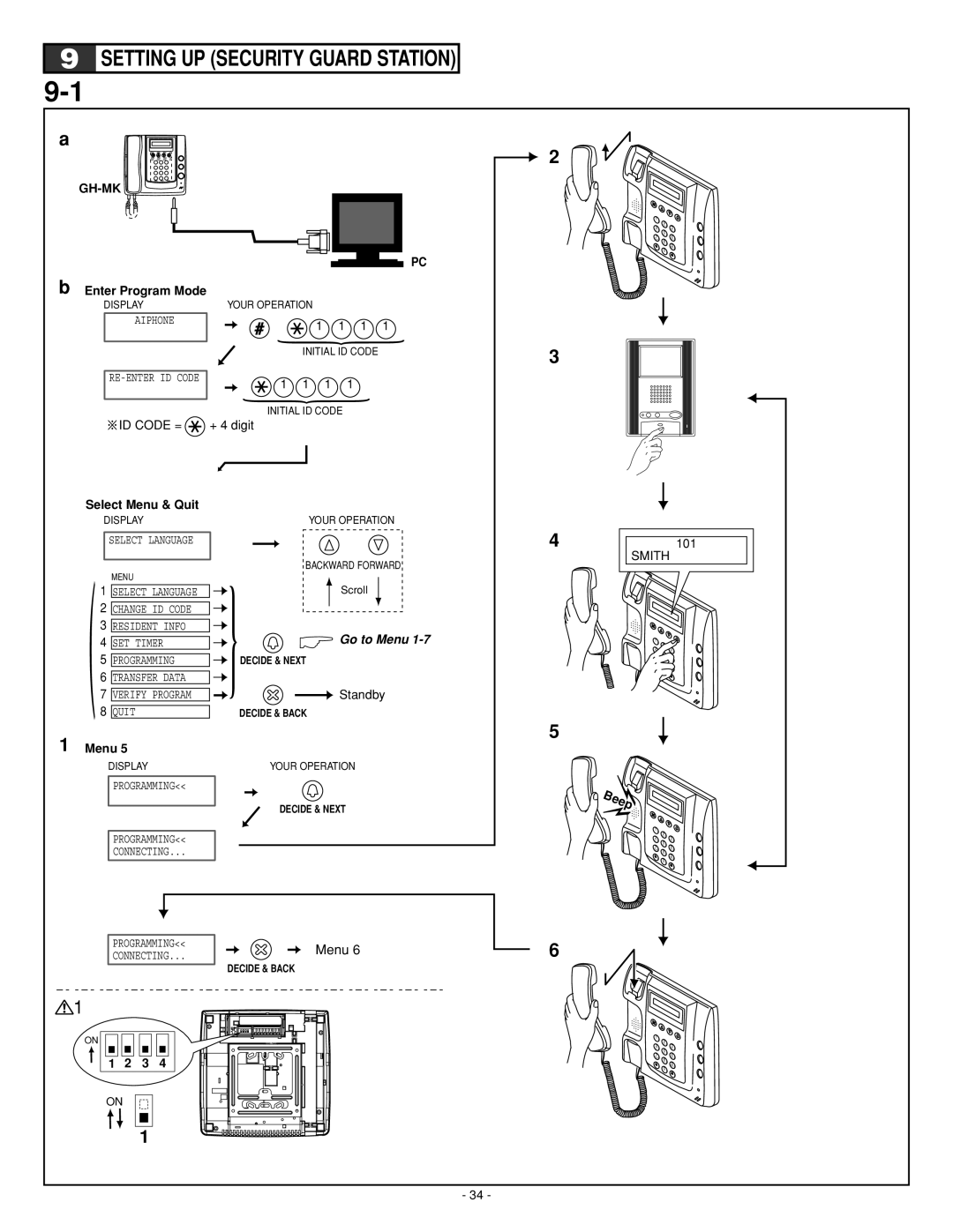 Aiphone 0207 AIC operation manual Setting UP Security Guard Station, Select Menu & Quit 