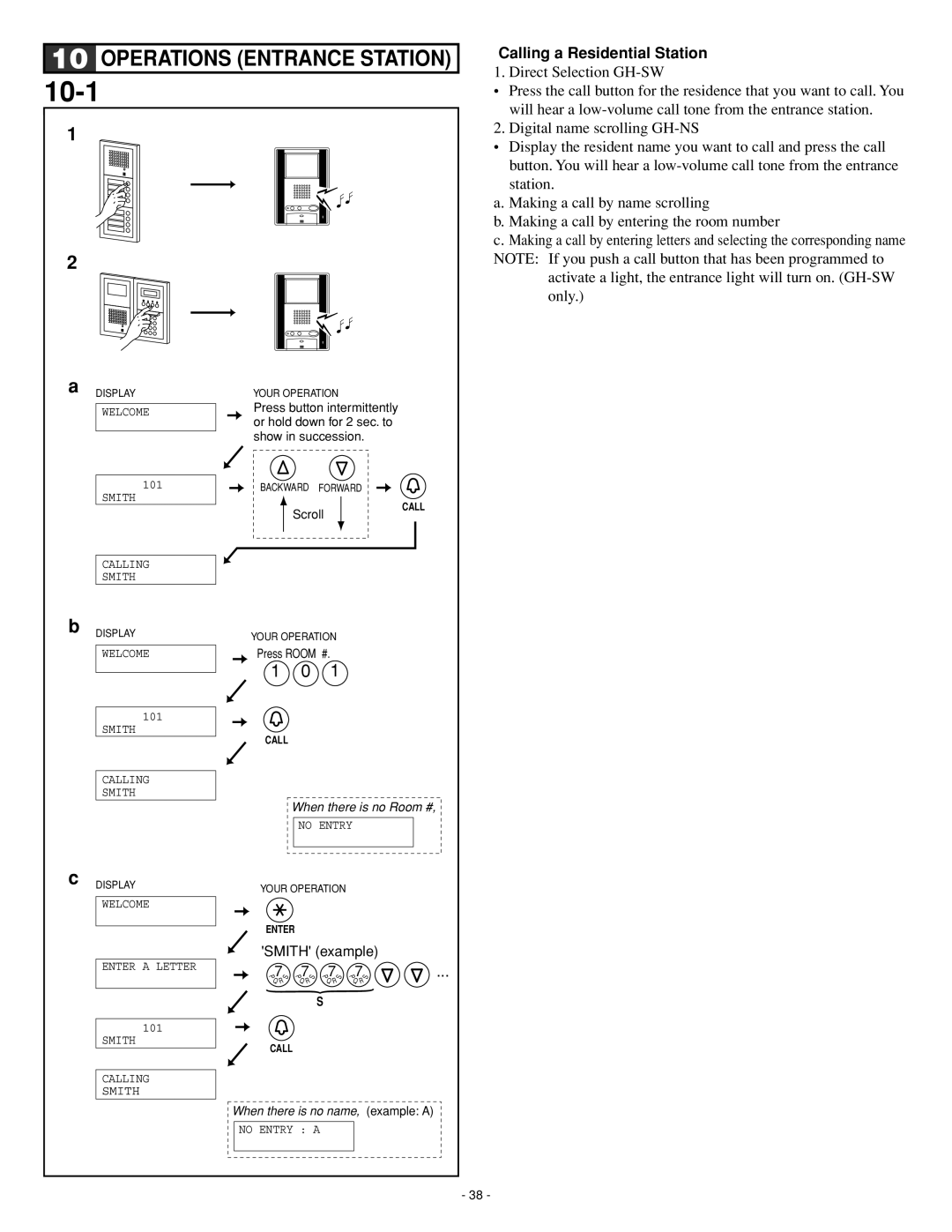 Aiphone 0207 AIC operation manual 10-1, Operations Entrance Station, Calling a Residential Station 