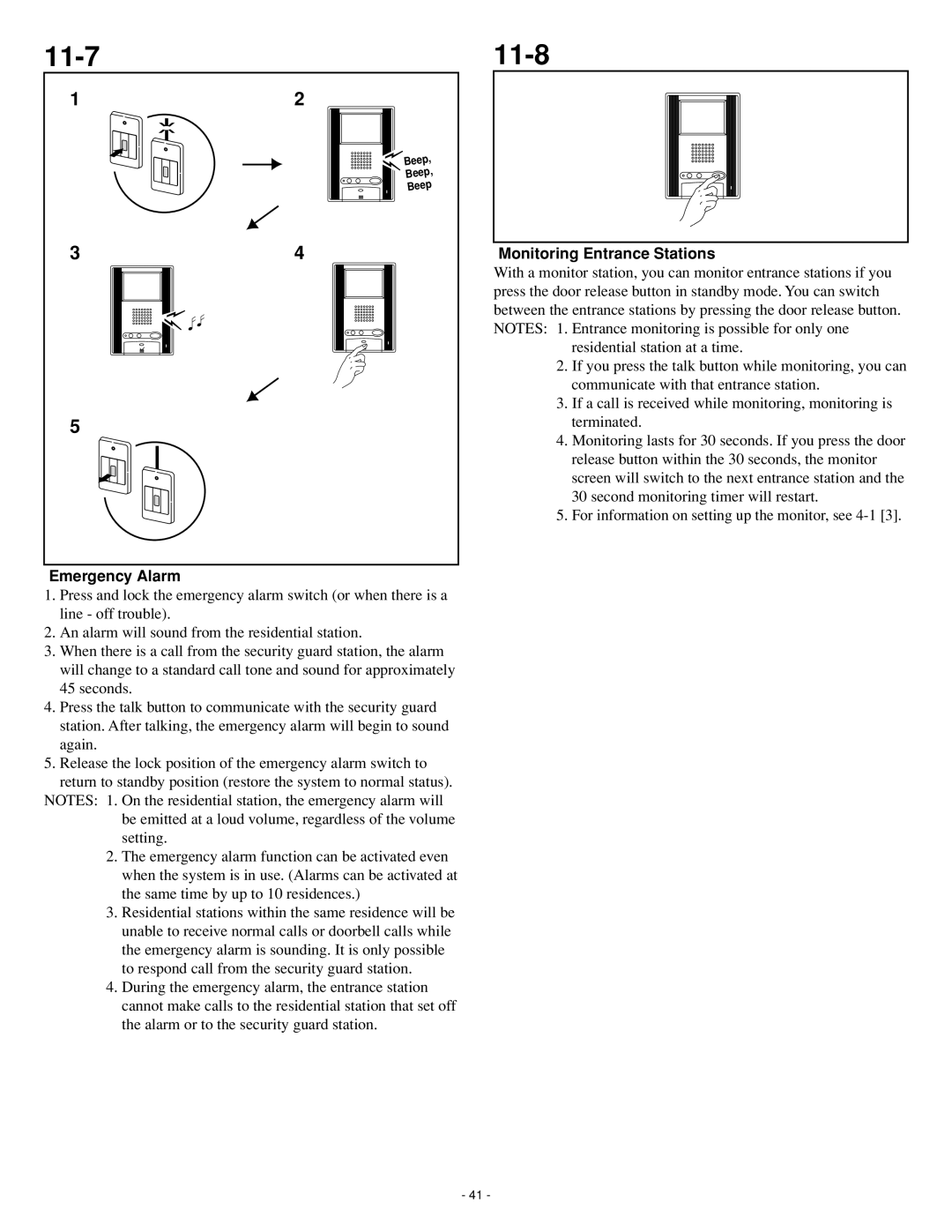 Aiphone 0207 AIC operation manual 11-7 11-8, Emergency Alarm, Monitoring Entrance Stations 