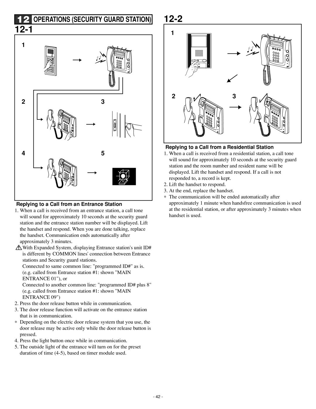 Aiphone 0207 AIC 12-1, 12-2, Replying to a Call from an Entrance Station, Replying to a Call from a Residential Station 