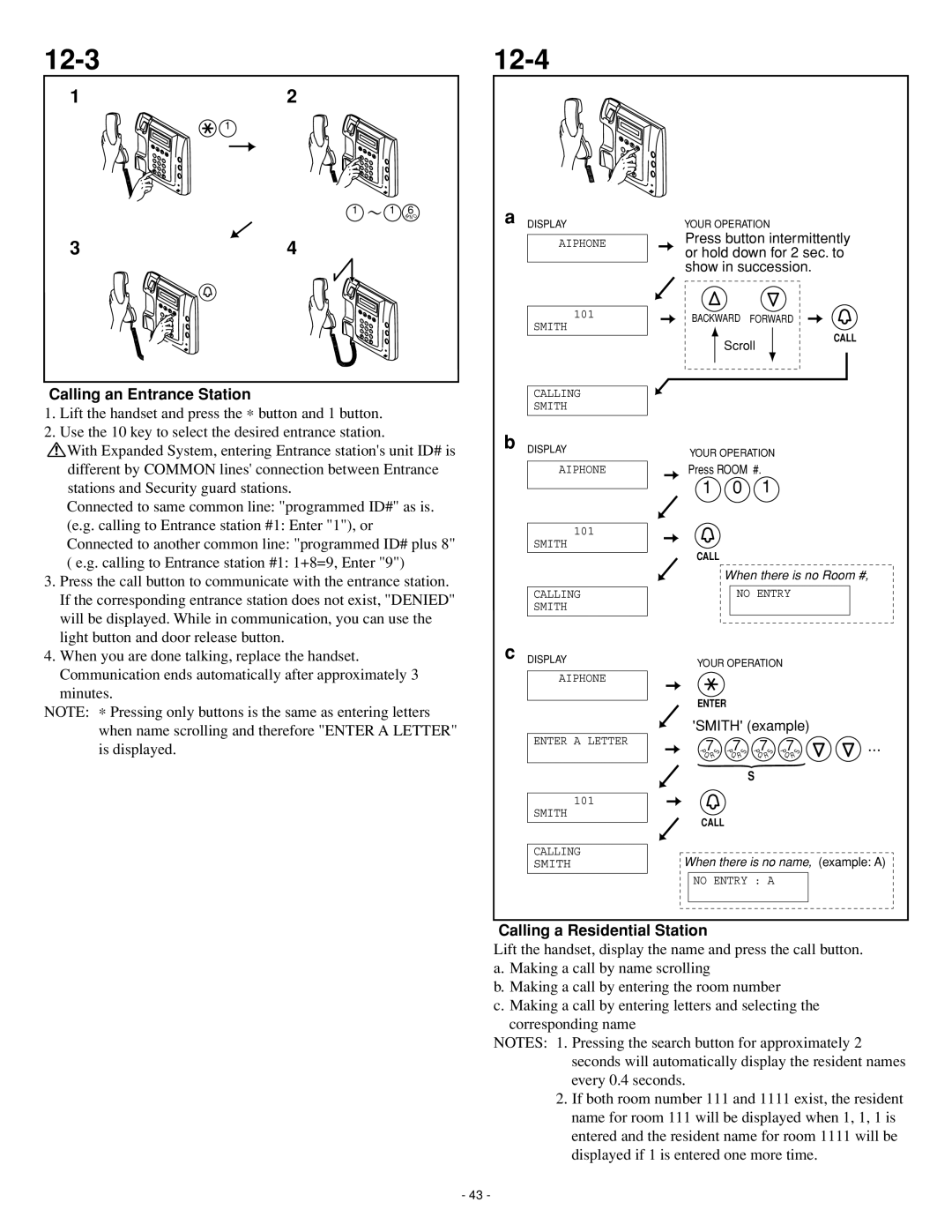 Aiphone 0207 AIC operation manual 12-3 12-4, Calling an Entrance Station 