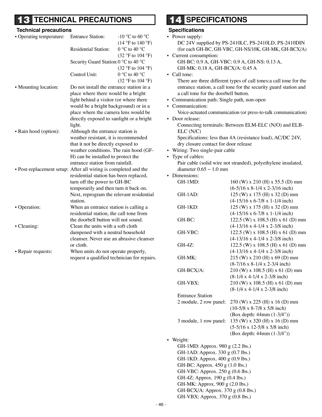 Aiphone 0207 AIC operation manual Technical Precautions Specifications, Technical precautions 