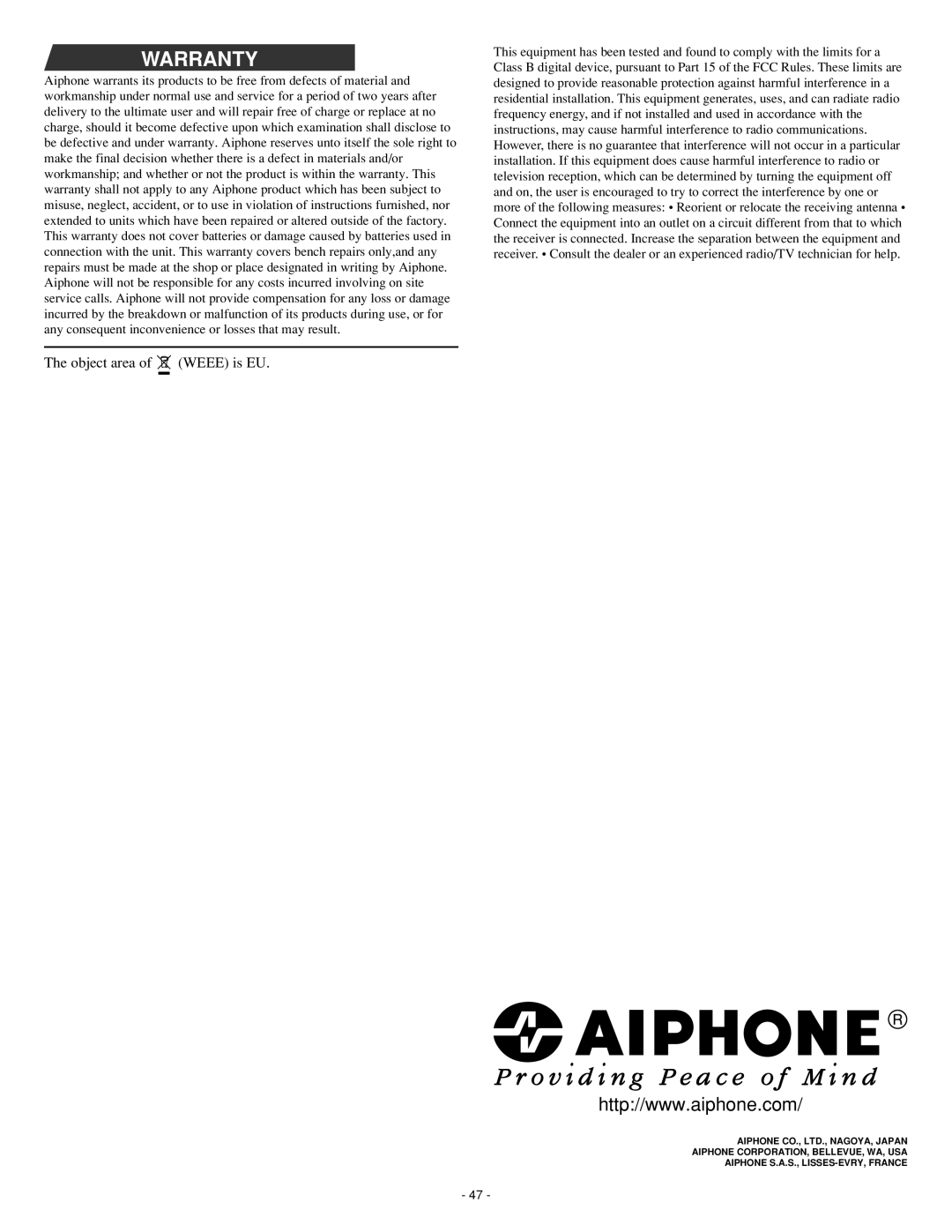 Aiphone 0207 AIC operation manual Warranty 