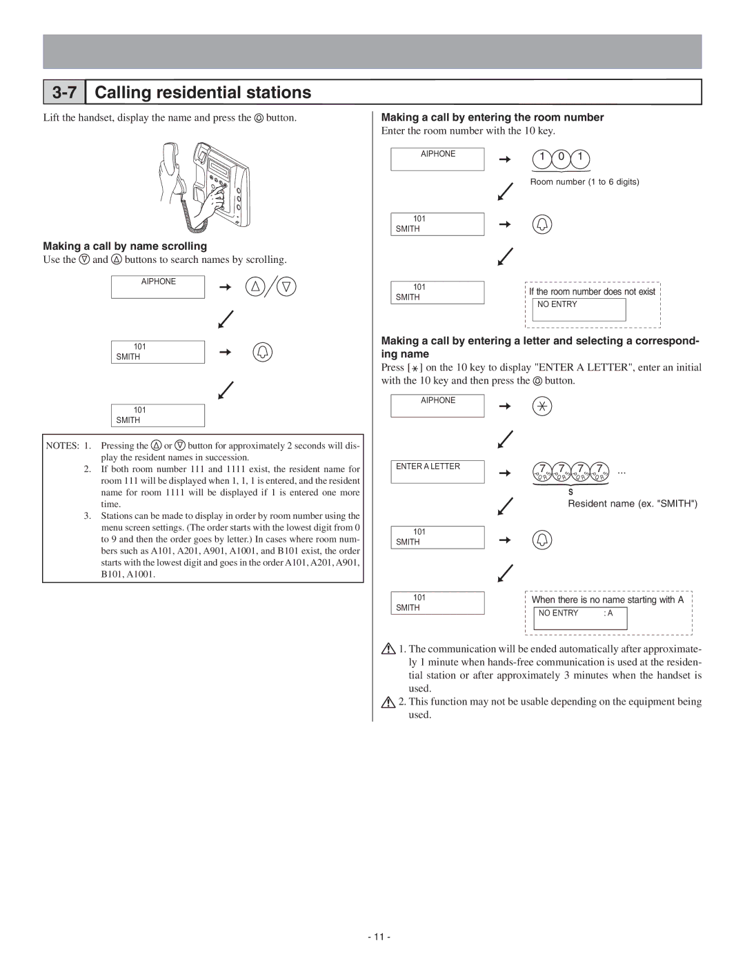 Aiphone 0311 A OI Lift the handset, display the name and press the button, Enter the room number with the 10 key 