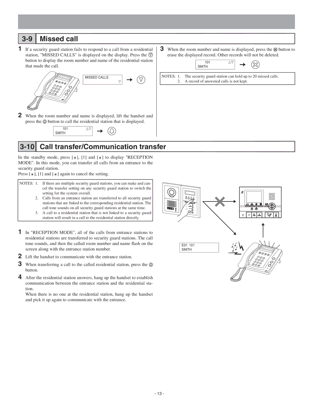 Aiphone 0311 A OI operation manual Missed call, Call transfer/Communication transfer 