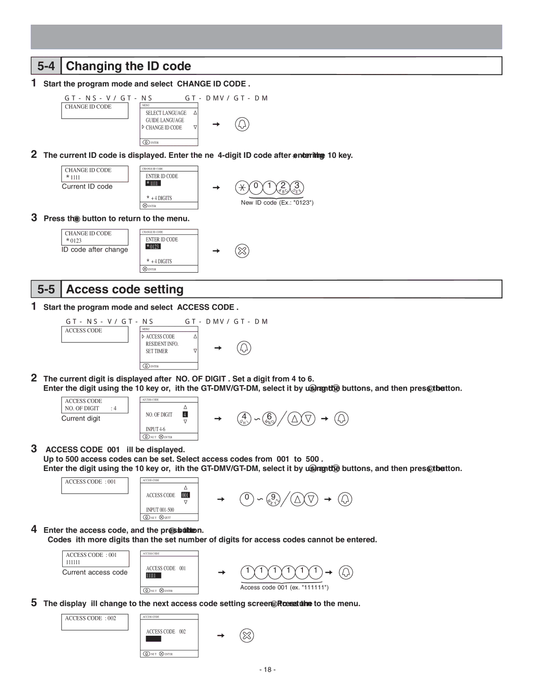 Aiphone 0311 A OI Changing the ID code, Access code setting, Start the program mode and select Change ID Code 