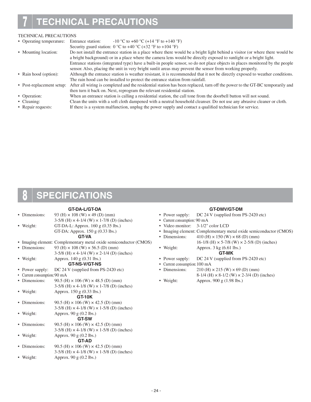 Aiphone 0311 A OI operation manual Technical Precautions, Specifications, Rain hood option, Current consumption100 mA 