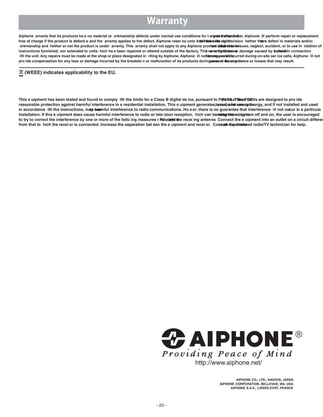 Aiphone 0311 A OI operation manual Weee indicates applicability to the EU 