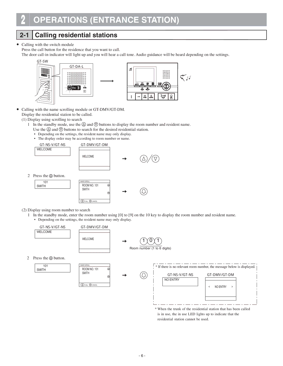 Aiphone 0311 A OI operation manual Operations Entrance Station, Calling residential stations, Press the button 