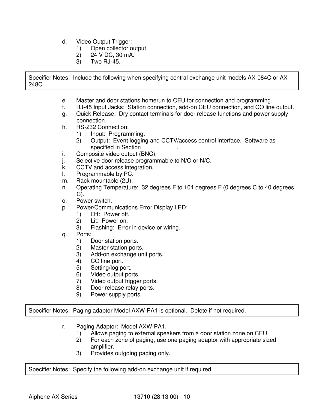 Aiphone 13710 specifications 