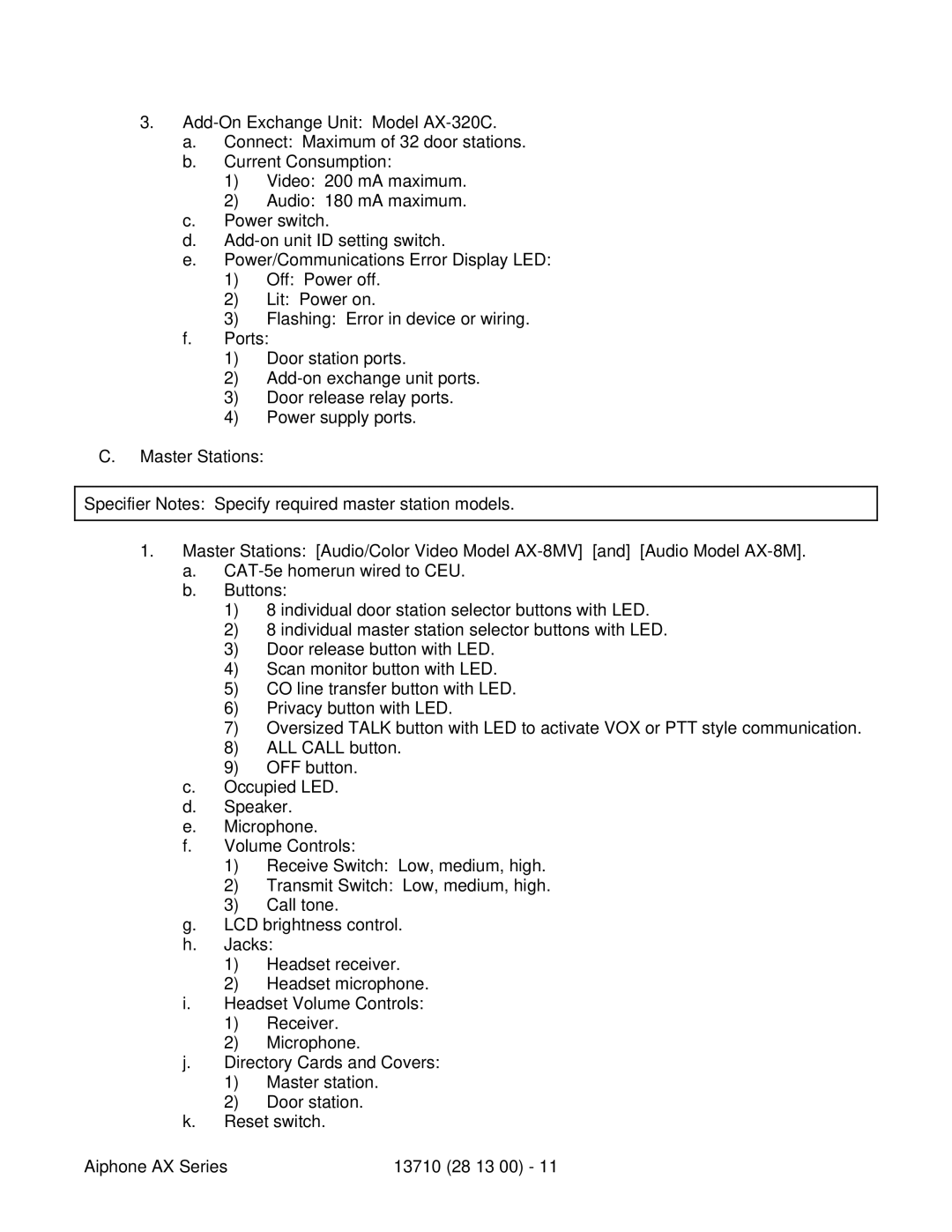 Aiphone 13710 specifications 