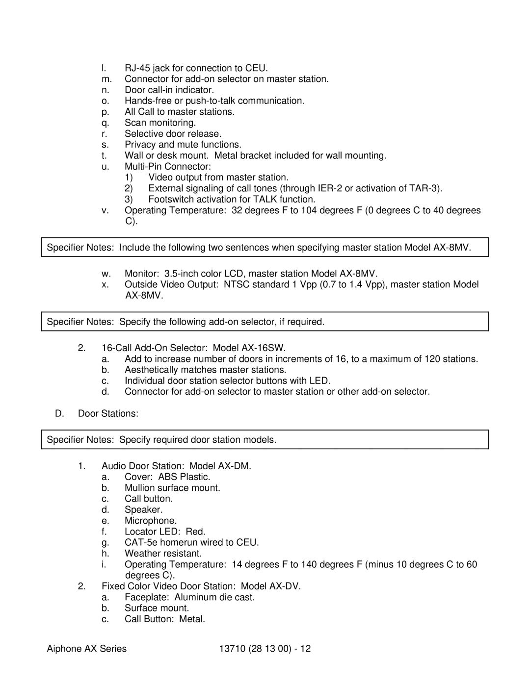 Aiphone 13710 specifications 