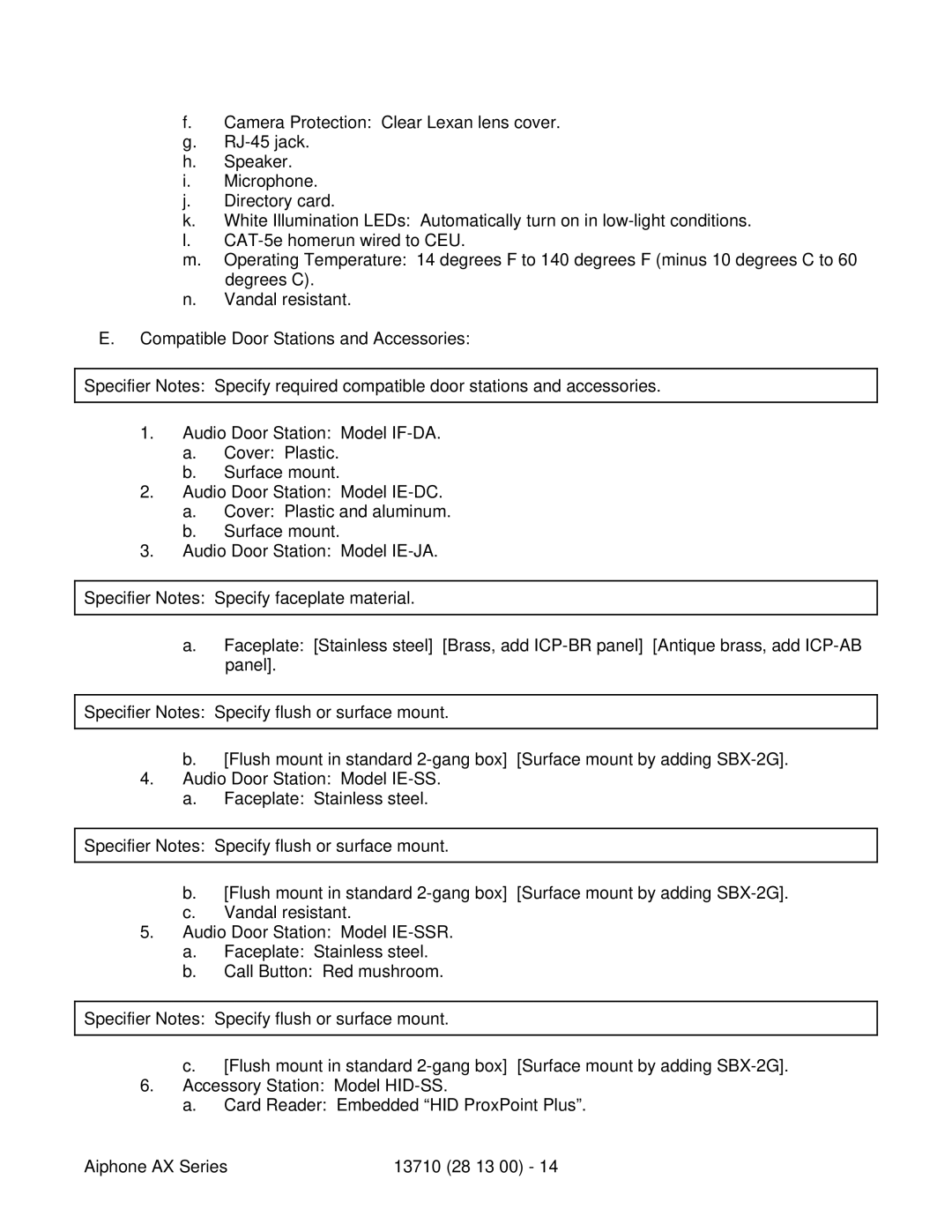 Aiphone 13710 specifications 