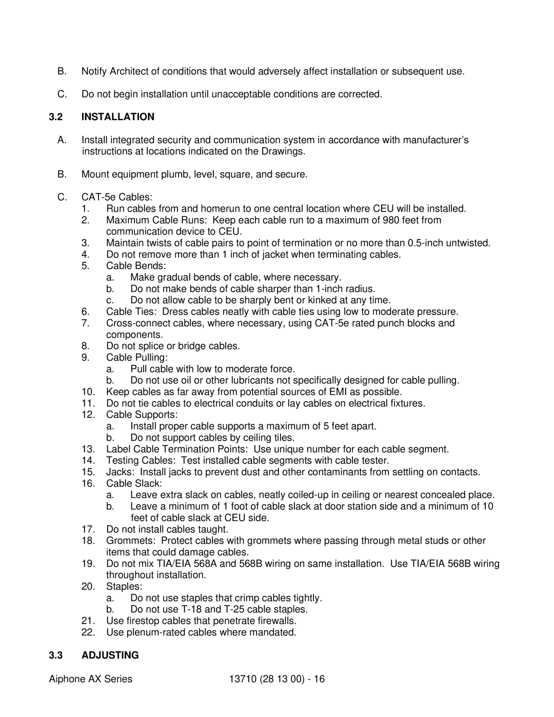 Aiphone 13710 specifications Installation, Adjusting 