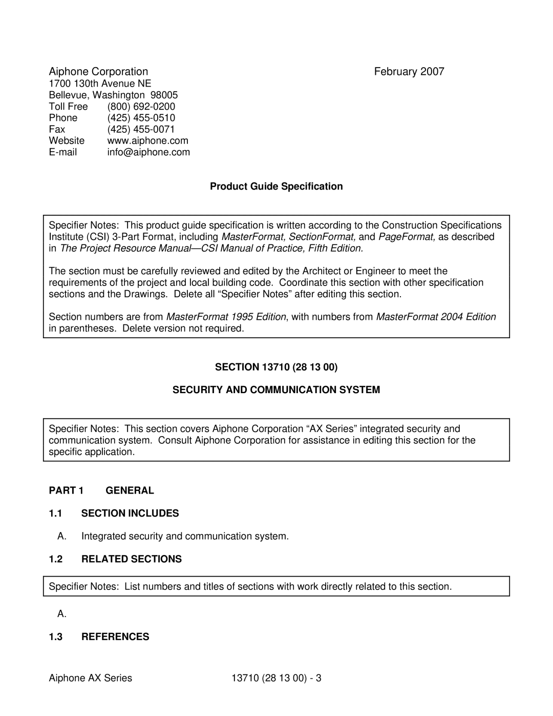 Aiphone 13710 specifications Security and Communication System, Part General Section Includes, Related Sections, References 