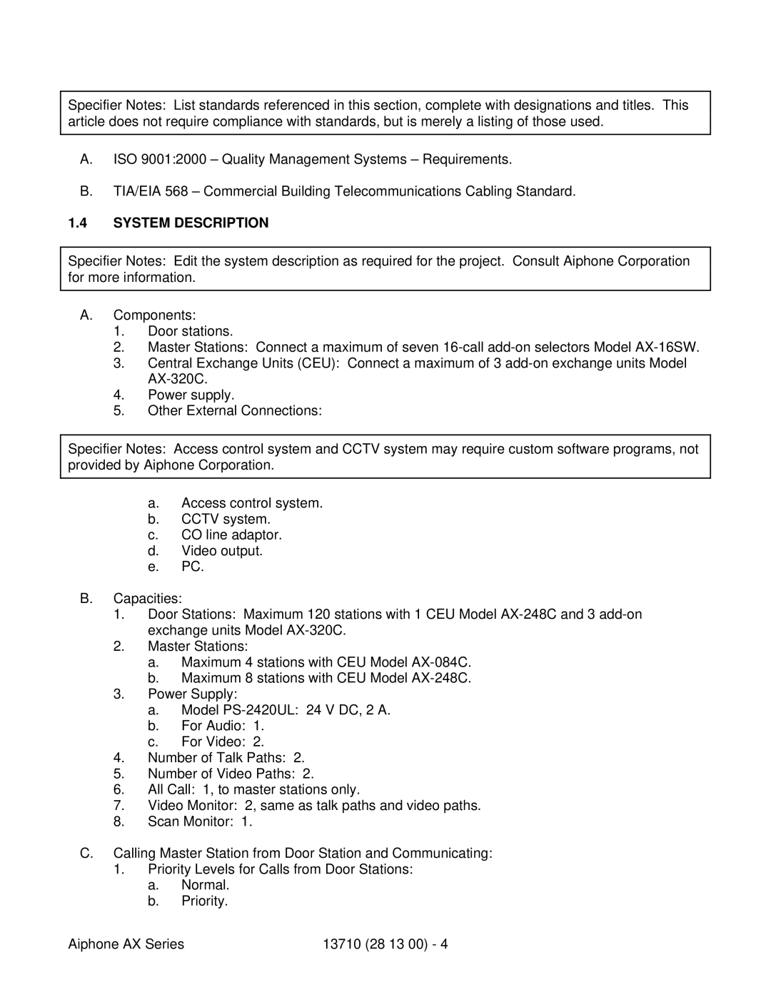 Aiphone 13710 specifications System Description 