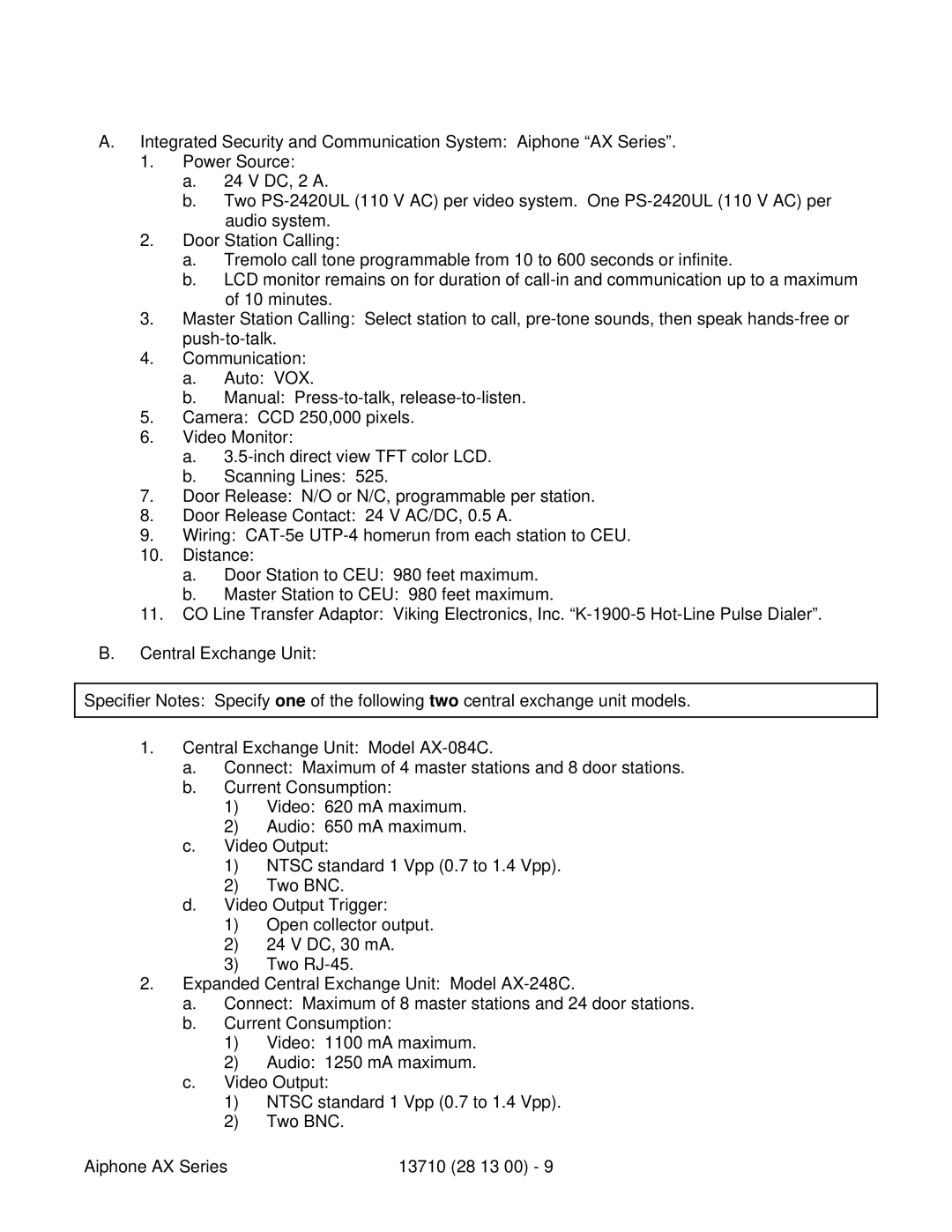 Aiphone 13710 specifications 