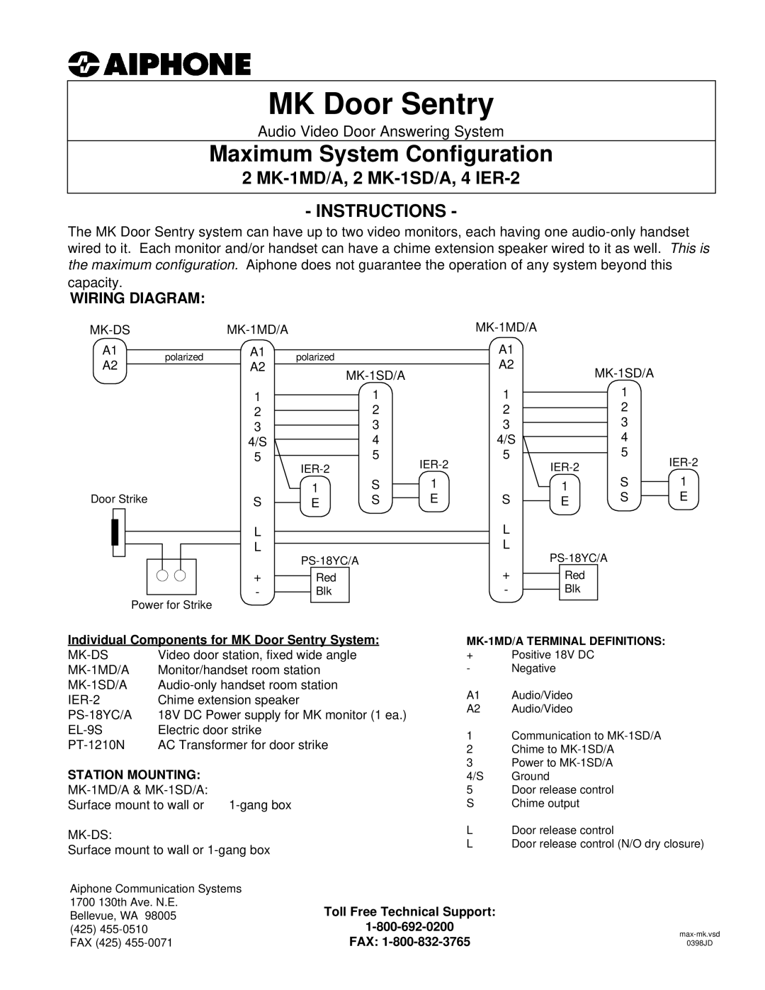 Aiphone 2 MK-1SD/A manual MK Door Sentry, Maximum System Configuration, Instructions, Wiring Diagram, Station Mounting 