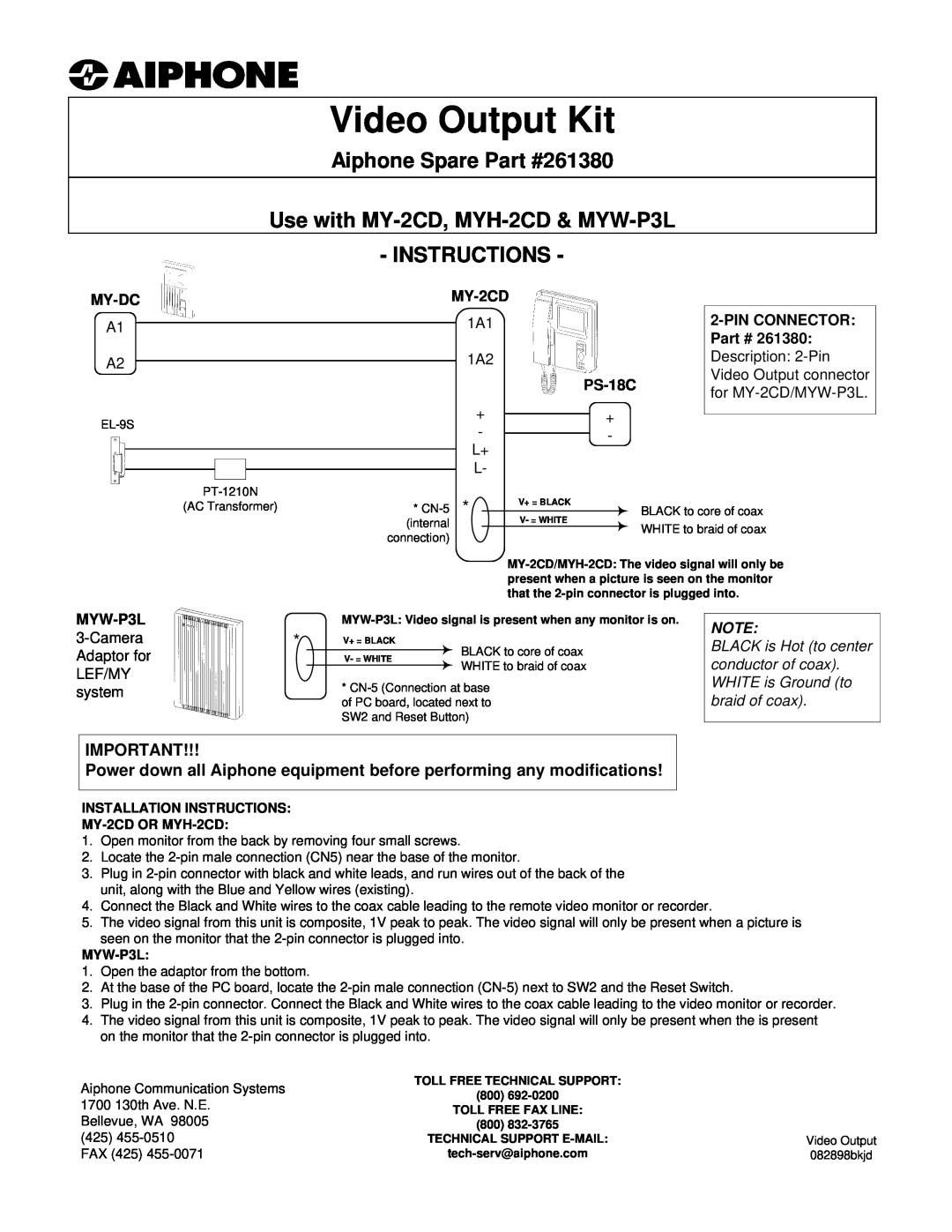 Aiphone 261380 installation instructions Video Output Kit, Aiphone Spare, Use with MY-2CD, MYH-2CD& MYW-P3L INSTRUCTIONS 
