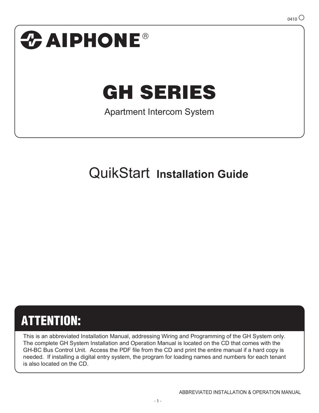 Aiphone 410 operation manual GH Series 