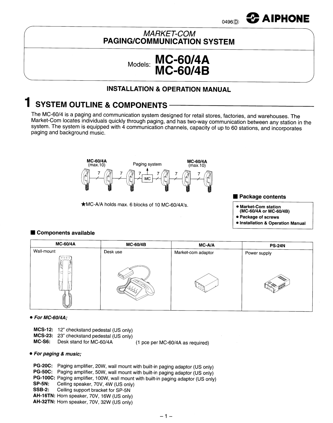 Aiphone MC-60/4A, MC-60/4B manual 