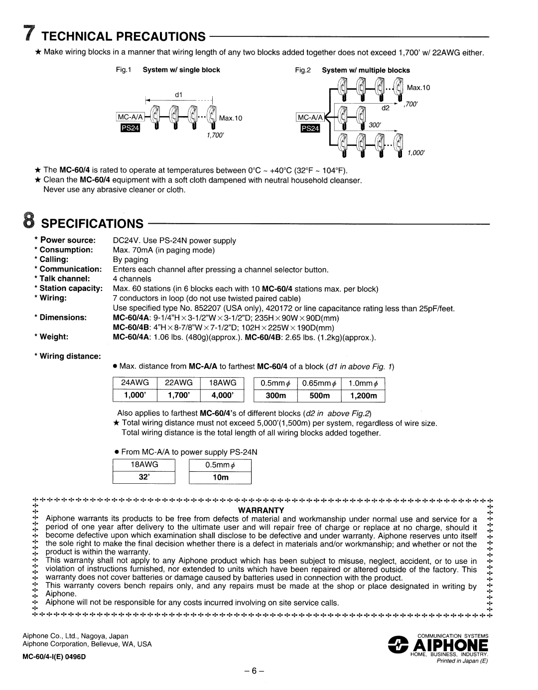 Aiphone MC-60/4A, MC-60/4B manual 